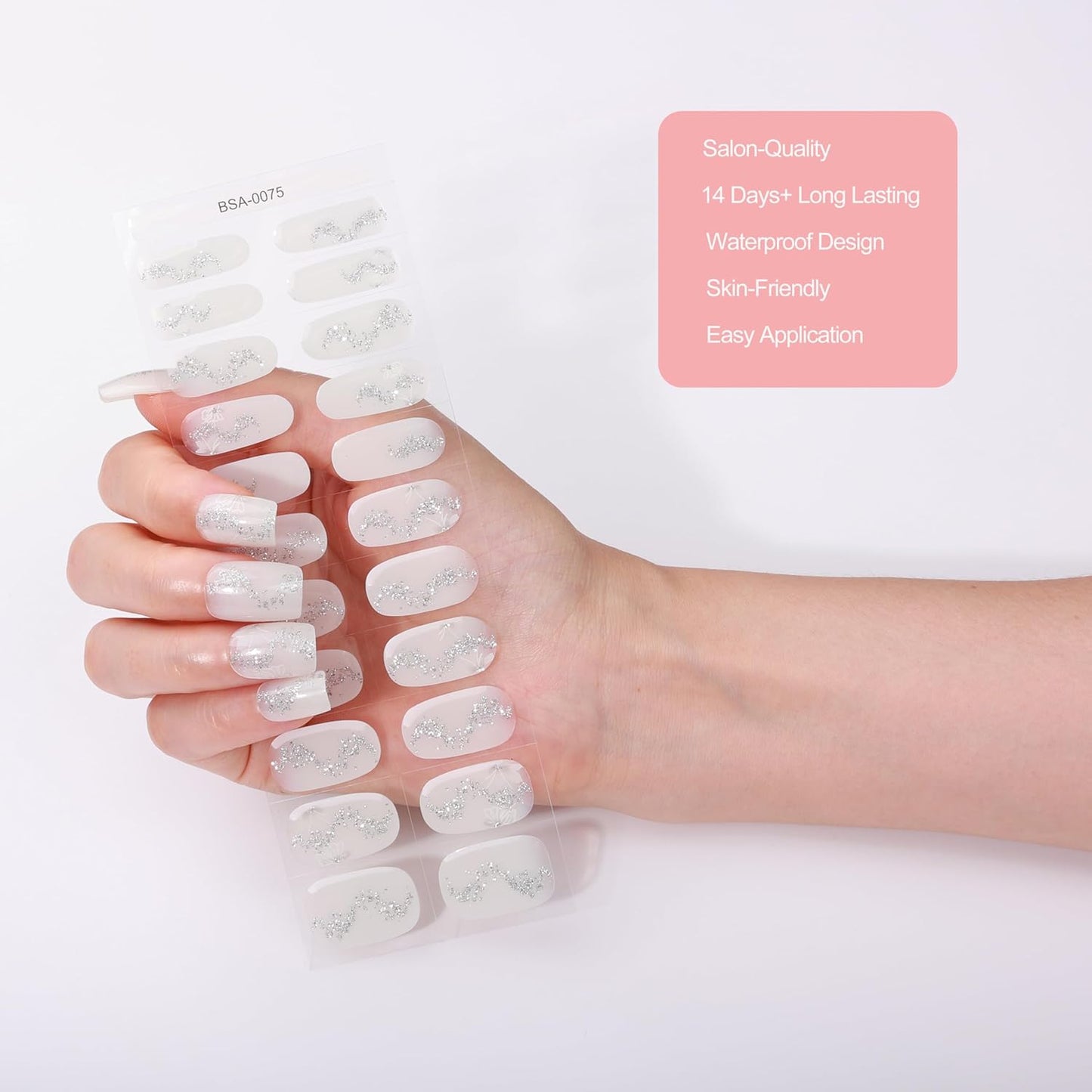 No Lamp Gel Nail Strips 22 Pcs Wraps - White Silver Glitter, Easy Apply Gel Nail Stickers Long Lasting, Salon-Quality, 2 Prep Pads, 1 File, 1 Wooden Stick