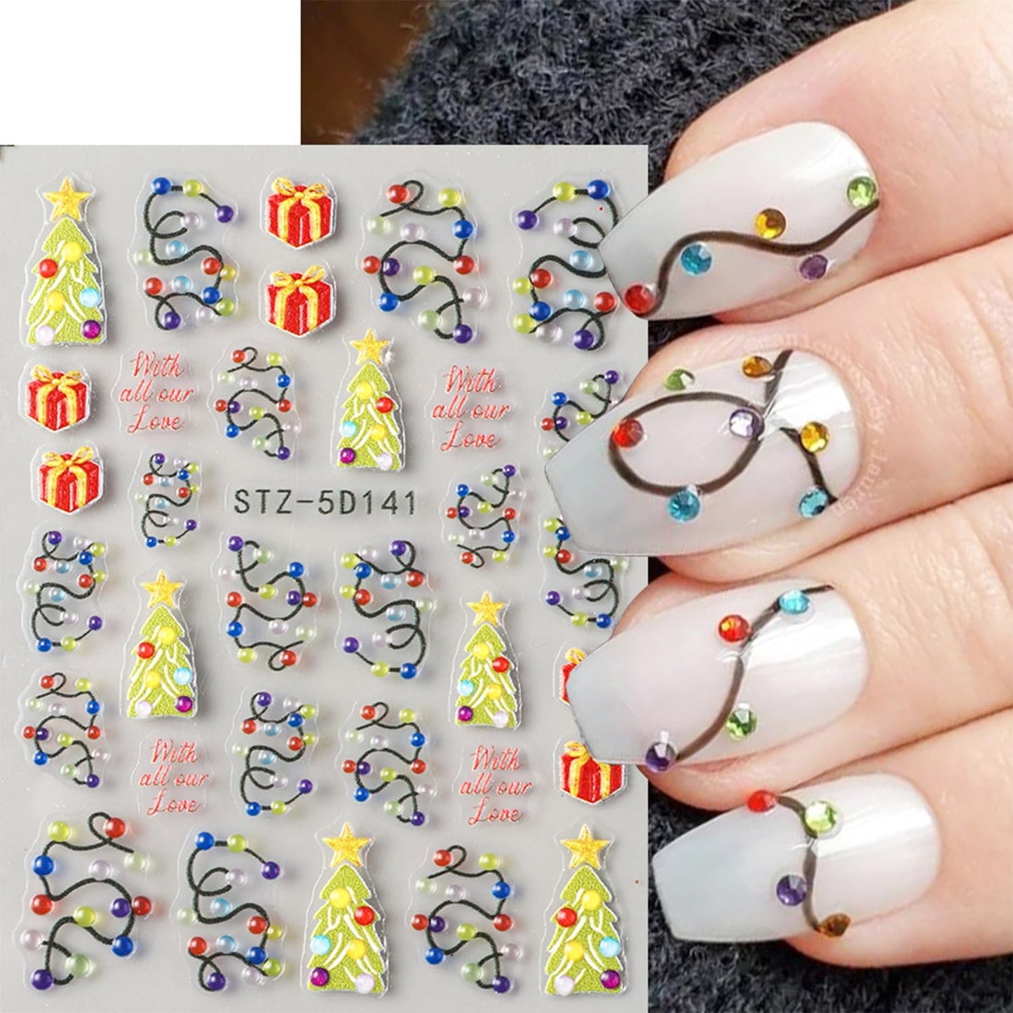 2 Sheets Embossed Christmas Nail Stickers for Nail Art New Year Colorful Light Strips Nail Art Stickers Winter Christmas Tree Nail Decals 5D Self-Adhesive Xmas Gift Box Nail Decoration for Women