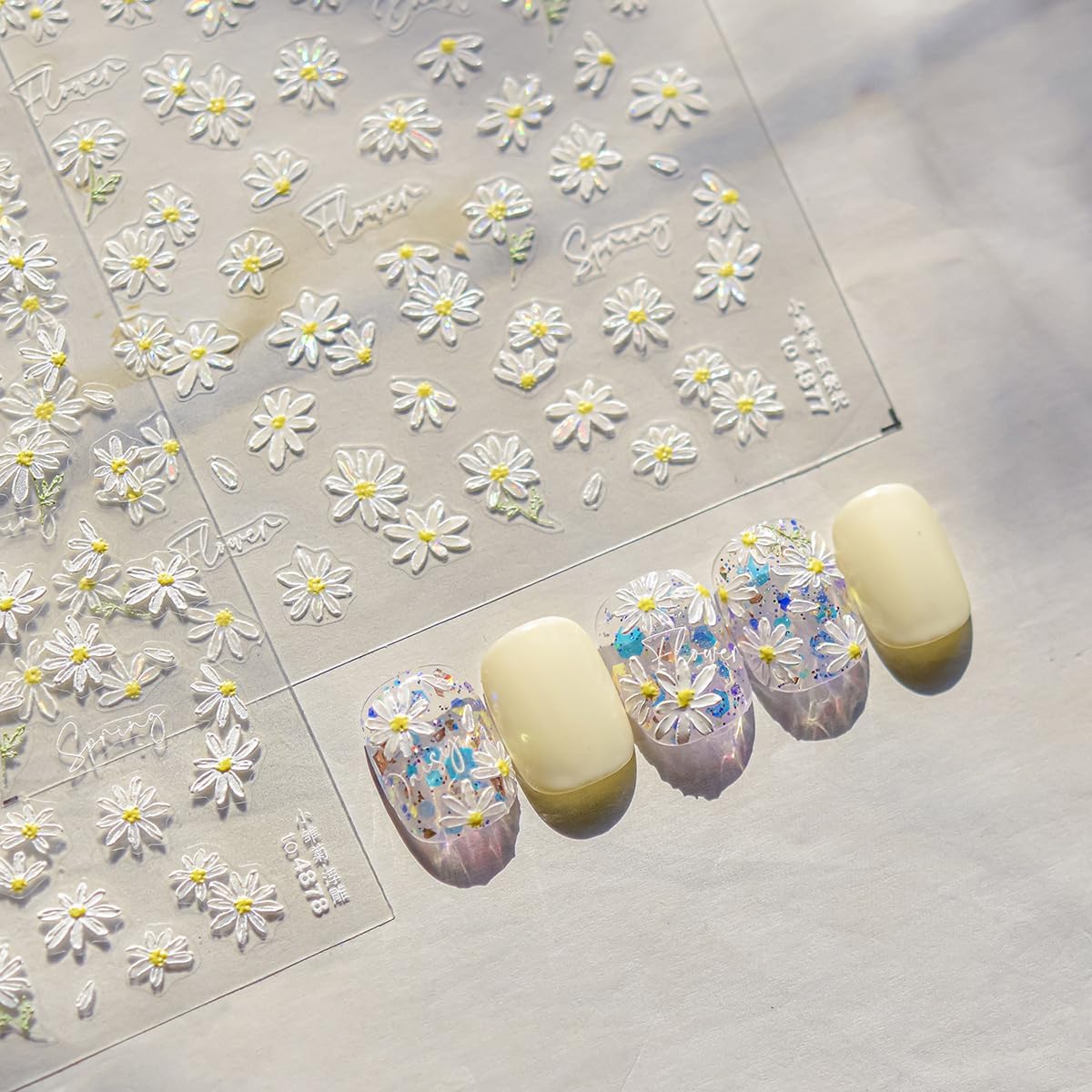 White Daisy Nail Stickers 5D Embossed Flower Nail Art Stickers Cute Daisy Nail Decals Self Adhesive Floral Nail Supplies Spring Summer Flowers Sticker for Women Manicure Sliders Decoration Kits