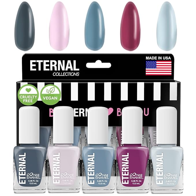 Eternal Light Pink Nail Polish Set for Women (MIDNIGHTS) - Light Blue Nail Polish Set for Girls - Lasting & Fast Dry Milky White Fingernail Polish for Home Mani Pedi - Made in USA, 13.5mL (Set of 5)