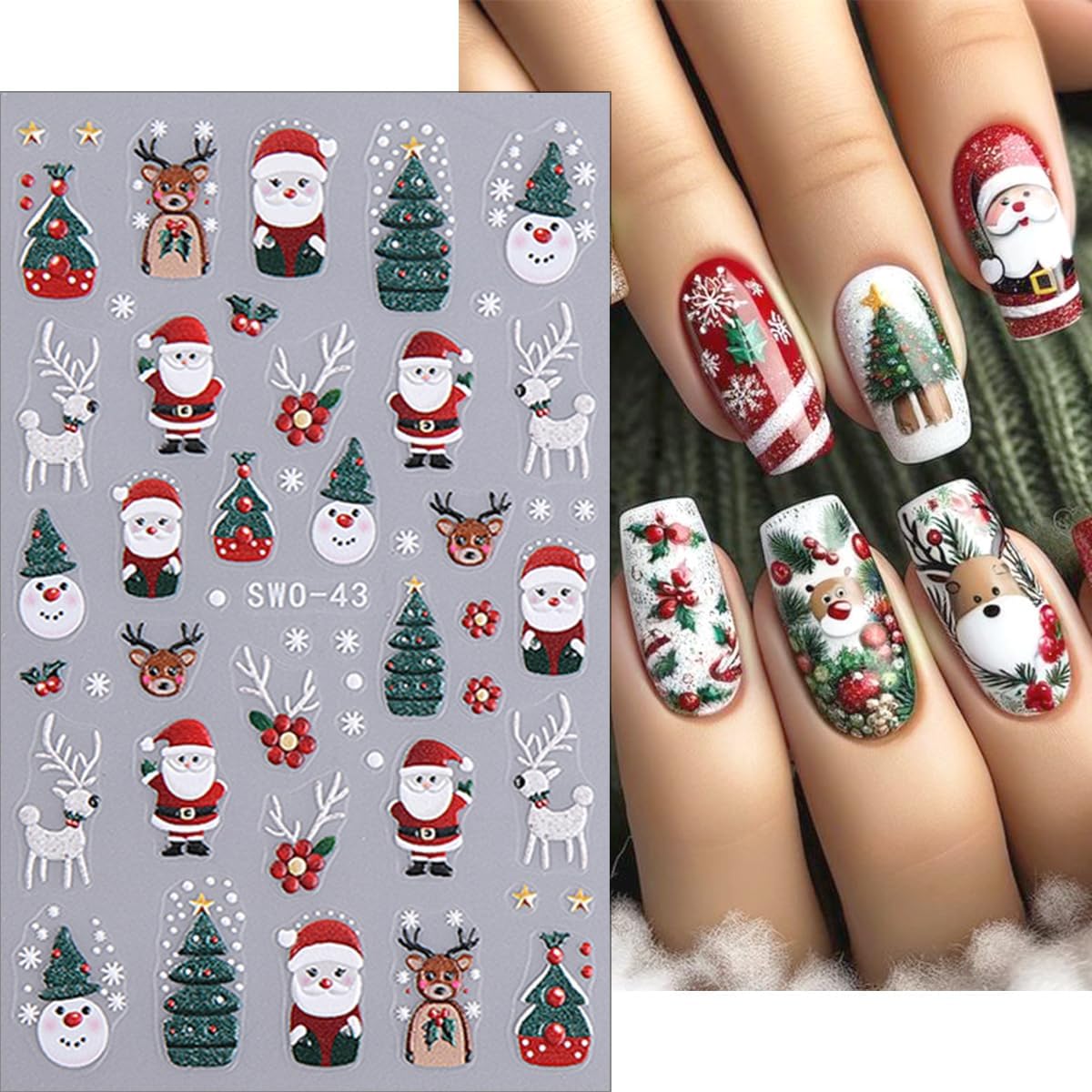 Xmas Nail Art Stickers Decals 5D Embossed Santa Claus Snowman Gingerbread Man Christmas Tree Snowflakes Elk Pattern Nail Decals Cute Nail Stickers for DIY Christmas Party Nail Designs 4 Sheets