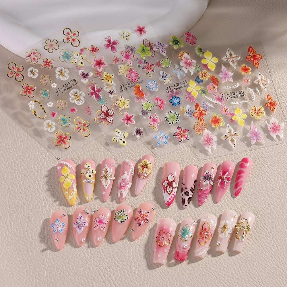 4 Sheets Embossed Flower Nail Art Stickers - Self-Adhesive Nail Decals, Colorful Floral Petals, 5D Acrylic Carved Design for Women & Girls Manicure Decoration