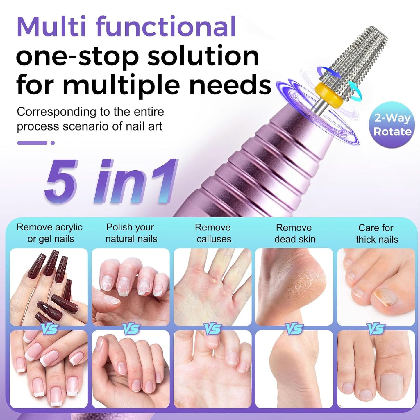 Fantexy 5 in 1 Nail Drill Bits,Professional 3/32" Shank Tungsten Steel Bits for Acrylic Nails,Manicure,Nail Art,Drill Machine,Both Left and Right Handed - Two Way Rotate Use (Extra Fine - XF)