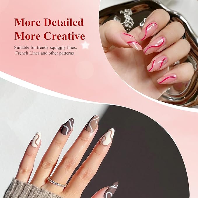 Nail Art Gel Liner Set, 12 Colors White Bown Nude Grey Purple Green Glitter Fall Winter Gel Polish for Swirl French Tip Painting Designs Soak Off Built Thin Brush DIY Nail Design Kit
