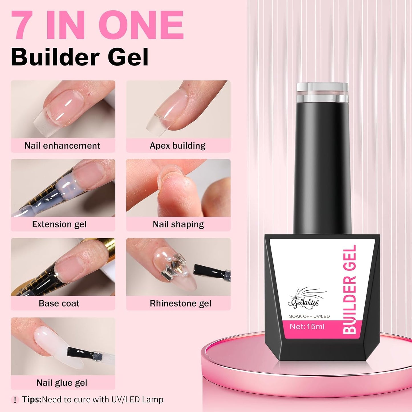 Builder Gel for Nails, 15ml 7 in 1 Builder Gel Nail Polish, LED Lamp Cured for Clear Rubber Base & Strengthener Extensions, Thickening, Repair, Salon-Quality DIY Manicure (Clear)