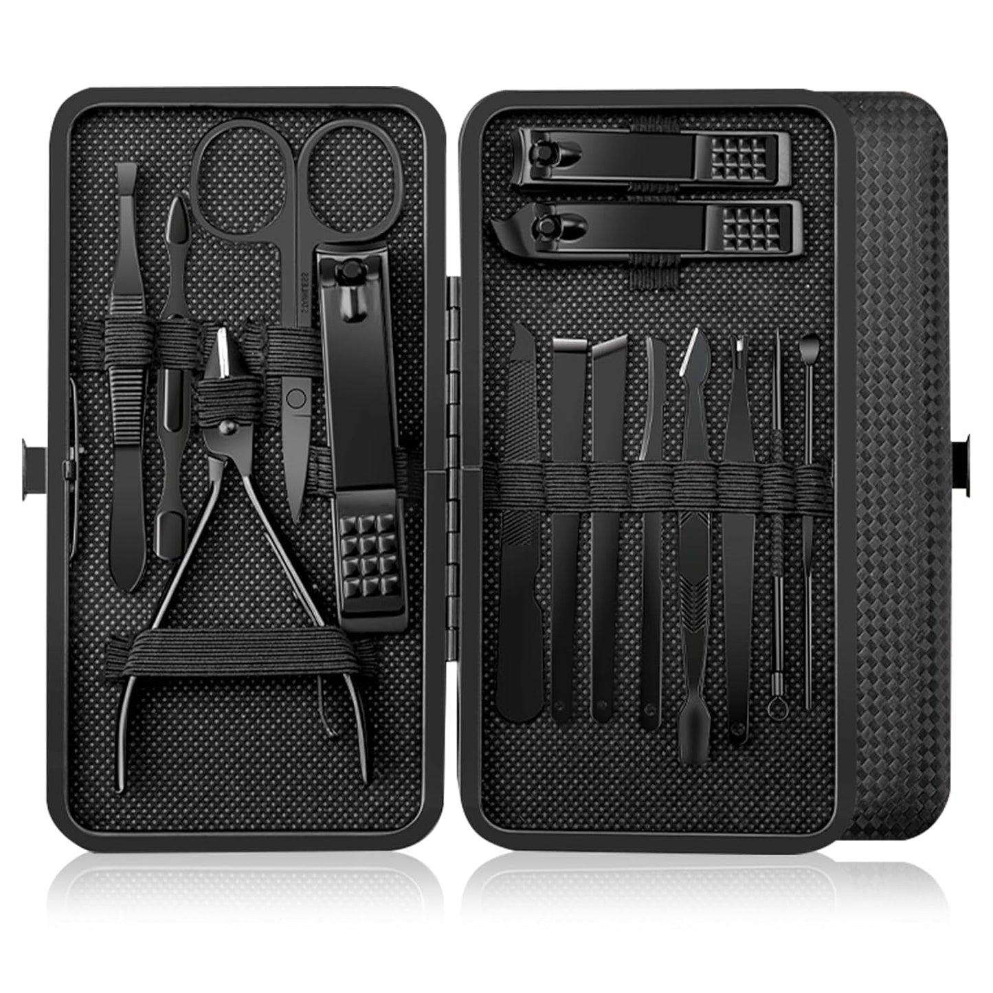 Professional 15-in-1 Stainless Steel Manicure & Pedicure Set - Luxury Grooming Kit for Men & Women with Leather Case, Travel Essentials for Nail & Foot Care(Black)