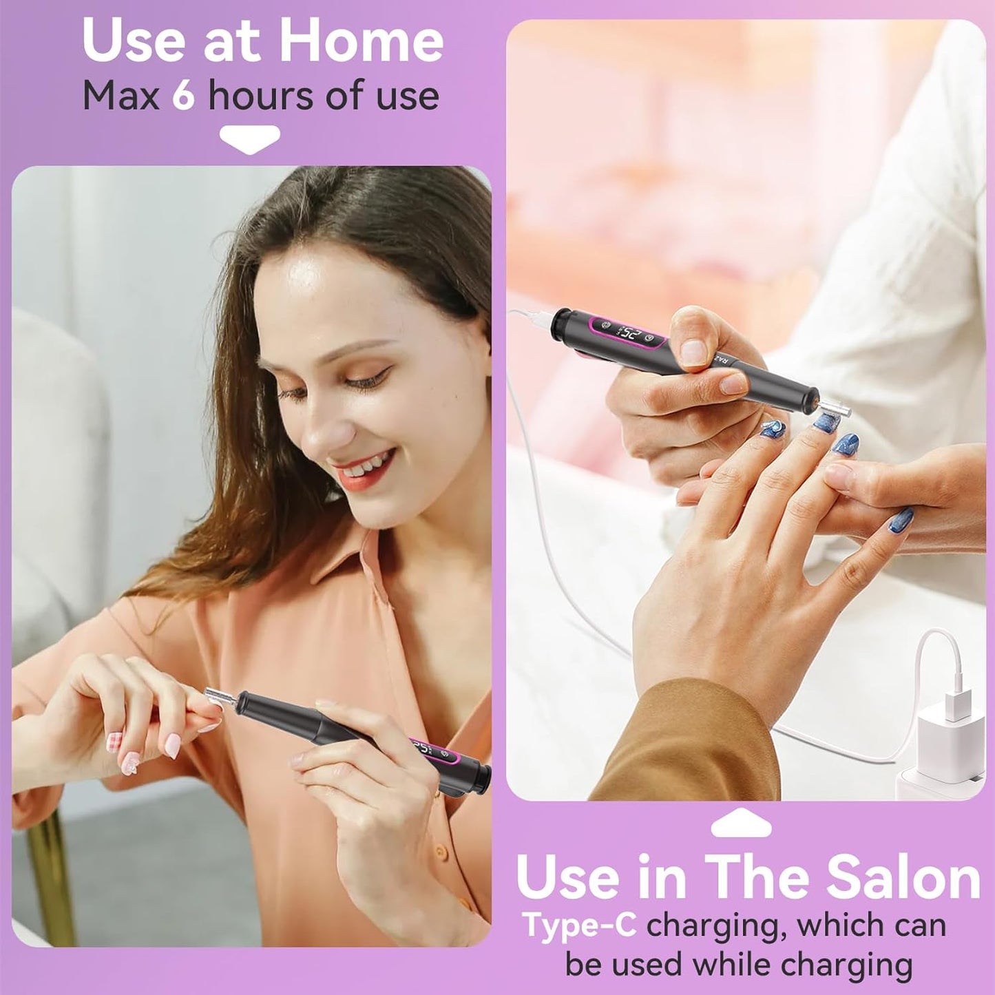 Nail Drill Electric File: Professional for Acrylic Gel Powder Nails Portable Nail Drill for Manicure Pedicure Nail Efile 5 Speeds 12 in 1 with LED Display Rechargeable, Grey
