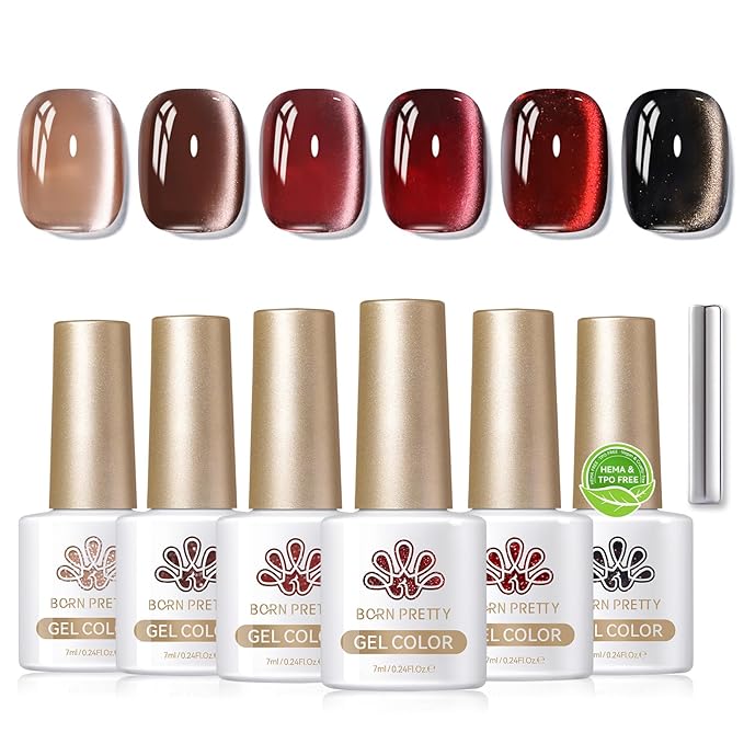 BORN PRETTY Cat Magnetic Eye Gel Nail Polish,Jelly Glass Crystal Brown Burgundy Wine Bloody Red Black Magnetic Gel Polish,Fall Winter Glitter Soak Off Nail Polish Art Salon Manicure Home Gift 7ML 6pcs