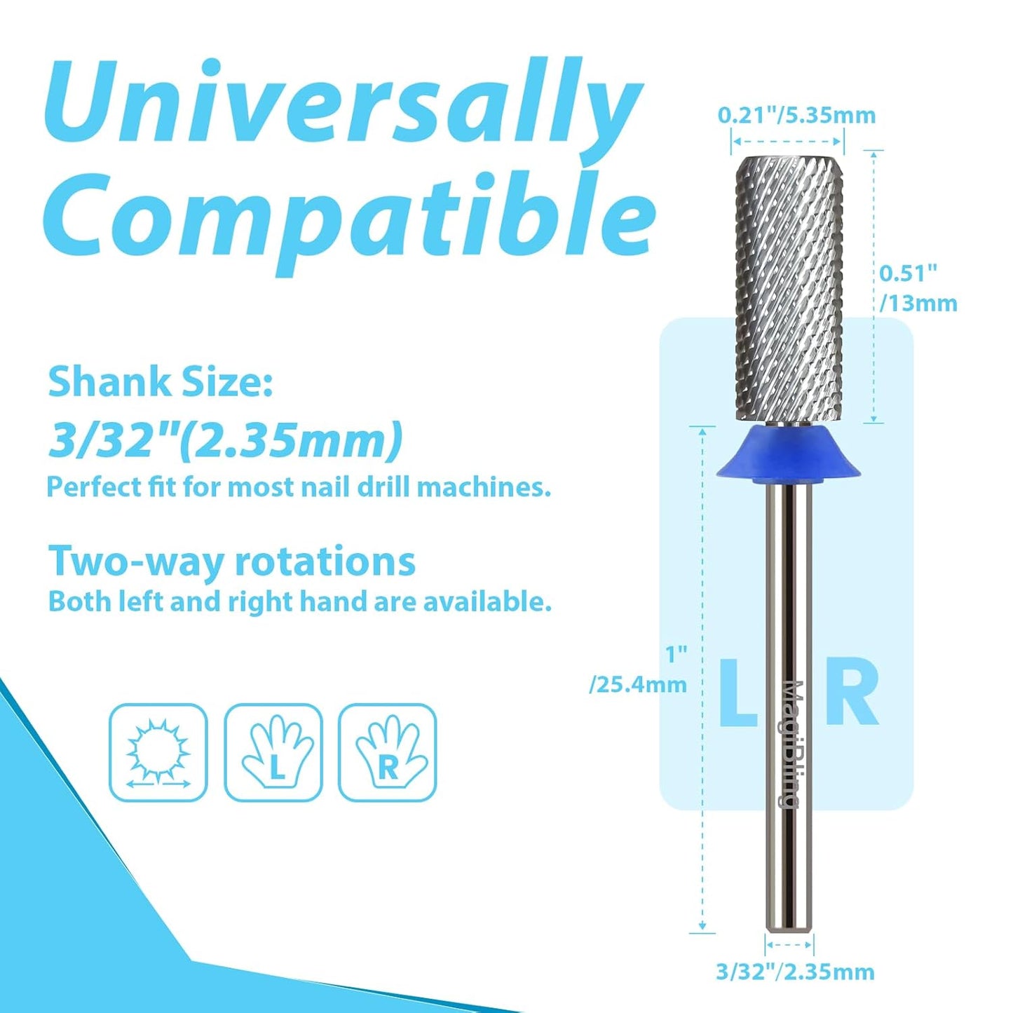 Professional Small Barrel Nail Drill Bits Flat Top, 3/32'' Safety Tungsten Carbide Bits, Two-Way Rotation, Soft and Hard Gel Removal Polishing, Tech and Beginner Bits, Medium.