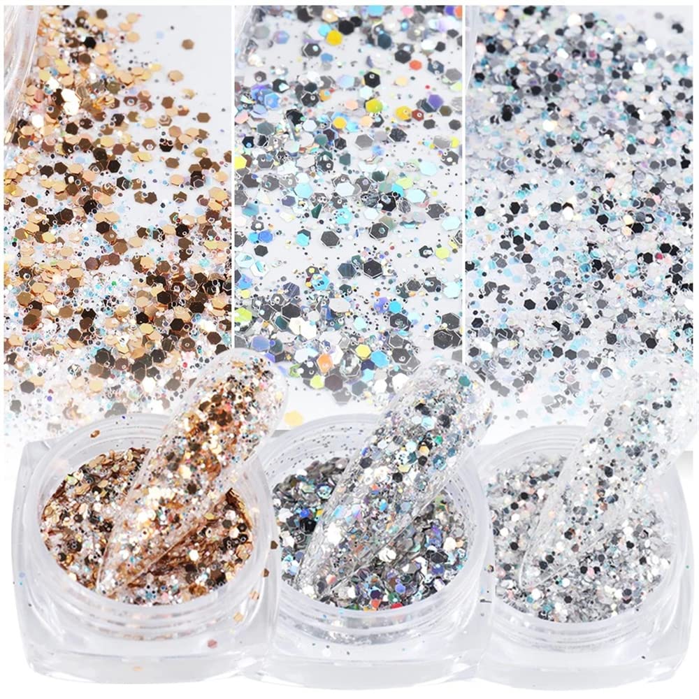 Holographic Nail Art Sequins Glitter Kits 12 Boxes 3D Nails Glitter Metallic Shining Flakes Acrylic Powder Dust Sequins for Nails Decoration Holographic Manicure Tips (Vintage Color-2set)