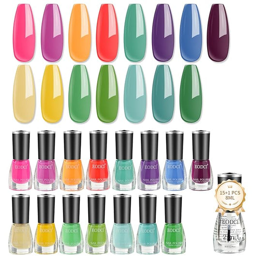 16 PCS Nail Polish Set, 15 Bright Colors Quick Dry Nail Polish Kit With 2in1 Base/Top Coat Spring Summer Colors Finger Nail Polish Pack Glossy Toenail Polish DIY Gifts for Women