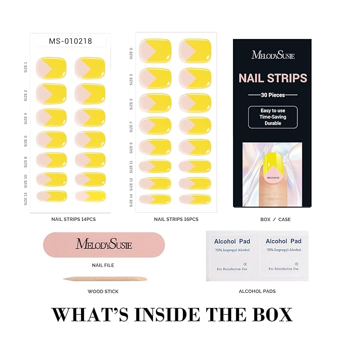 MelodySusie 30PCS Semi Cured Gel Nail Strips (V Shaped Yellow French Tips), Works with Nail lamp, Salon Quality, Long Lasting, Easy to Apply, Includes 2 Prep Pads, Nail File and Wooden Stick