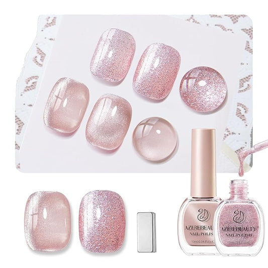 AZUREBEAUTY Cat Eye Nail Polish no Gel Fast Drying Pink Shimmer 2 Colors Natural Nail Lacquer High Shine DIY Salon Home Women Gifts