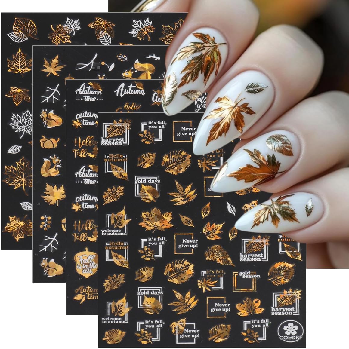 8 Sheets Bronzing Fall Nail Art Stickers Decals 3D Self-Adhesive Laser Gold White Leaves Flowers Nail Decals Autumn Maple Leaf Nails Design Stickers Thanksgiving Nail Art Supplies for Women