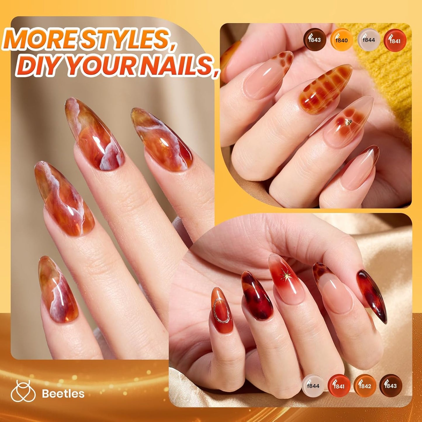Beetles Fall Gel Nail Polish Set – Amber Chic Jelly Gel Polish with Blooming Gel for Marble Effects, 6 Colors Yellow Red Brown Gray Translucent Soak Off UV LED Autumn Nail Art