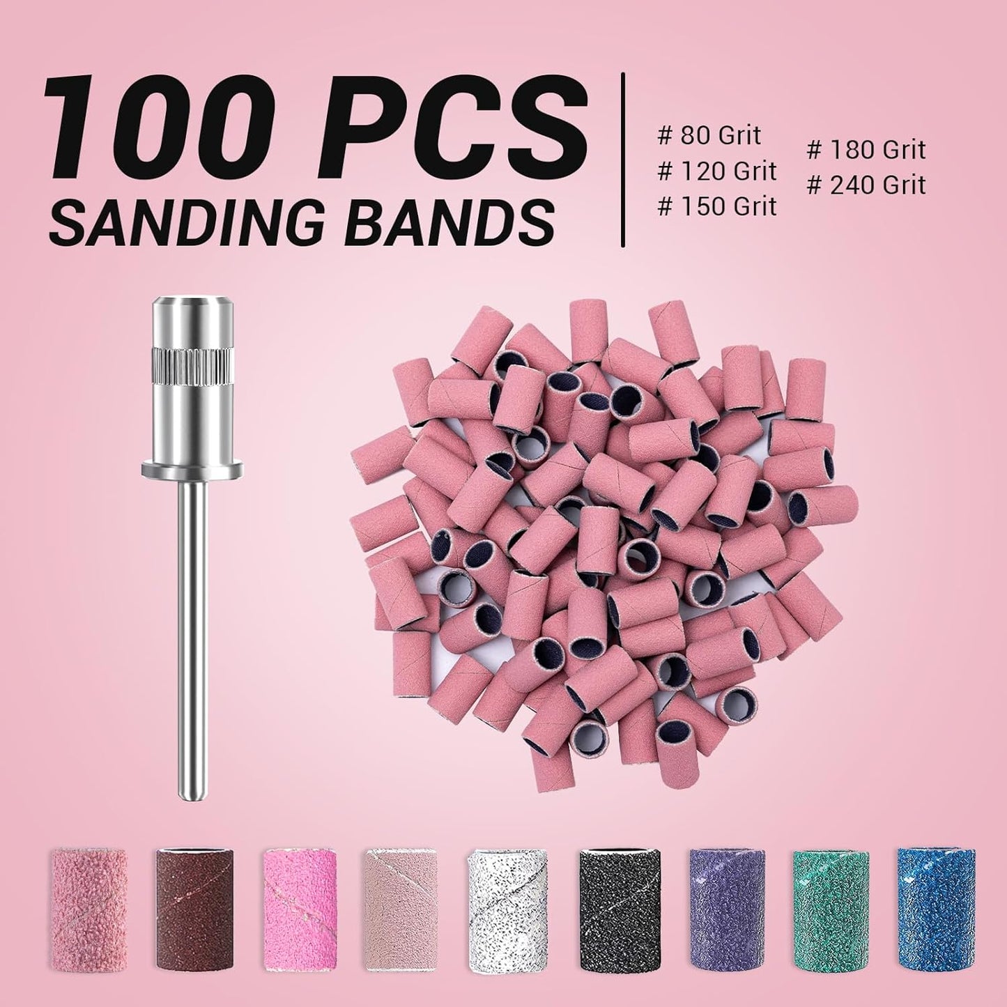 MelodySusie 100 Pcs Nail Drill Bits Sanding Bands for Nail Drill 240 Extreme Fine Grit Nail File Sanding Bands for Acrylic Nails Gel Manicures and Pedicure, Pink