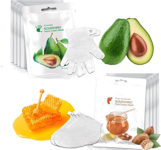 Elitzia Foot Mask Hand Mask Avocado Honey Almond Extract Hydrating 10 Packs Gloves Socks Masks Moisturizing Repairing Nourishing Masks Spa Women Dry Cracked Skin Self Care ETMM03
