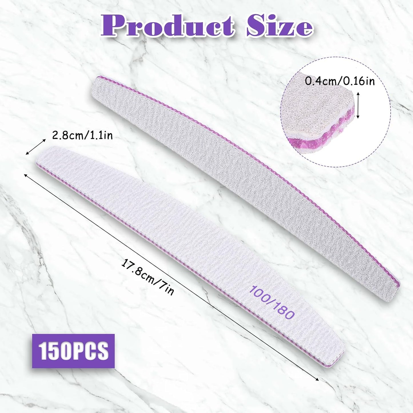 150Pcs 100/180 Nail File Sanitize Nail Files and Buffers Double Side Coarse for Acrylic Natural Extension Nails Emery Boards Manicure Tool for Acrylic Nails Toenails Removal Manicure Salon Home
