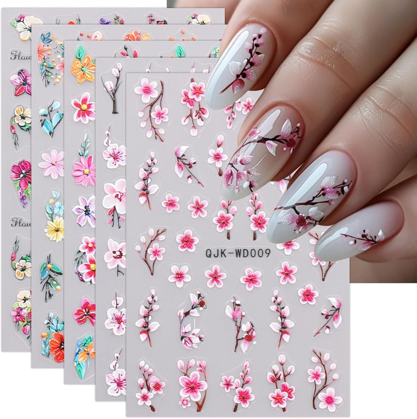 JMEOWIO 6 Sheets Flower Nail Art Stickers Decals Self-Adhesive Spring Summer Floral Nail Supplies Nail Art Design Decoration Accessories