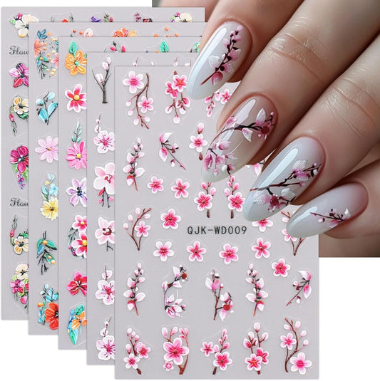 JMEOWIO 6 Sheets Flower Nail Art Stickers Decals Self-Adhesive Spring Summer Floral Nail Supplies Nail Art Design Decoration Accessories