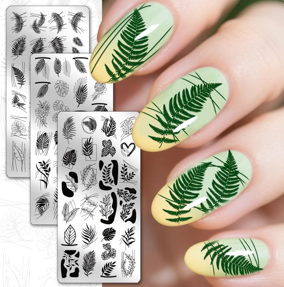 PH PandaHall 3pcs Leaf Nail Stamping Plates Geometric Leaves Nail Image Plates Plants Nails Art Stencils Monstera Nails Stamp Templates Nails Image Plates for Women Manicures Salon Design