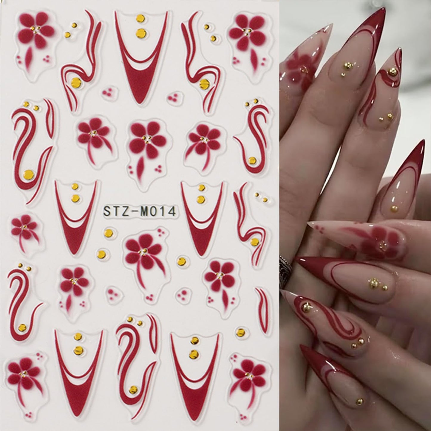 4 Sheets Flower Nail Art Stickers Decals Red Brown Blue Flowers Nail Stickers 3D Embossed Self-Adhesive French Tip Gold Line Nail Decals for Women