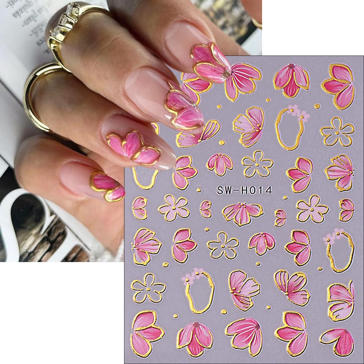 6Pcs Flower Nail Stickers for Nail Art Elegant Floral Nail Decals 3D Self-Adhesive Colorful Blossom Flower Nail Art Stickers Gold Bow Nail Supplies Spring Nail Decoration Accessories for Women Girls