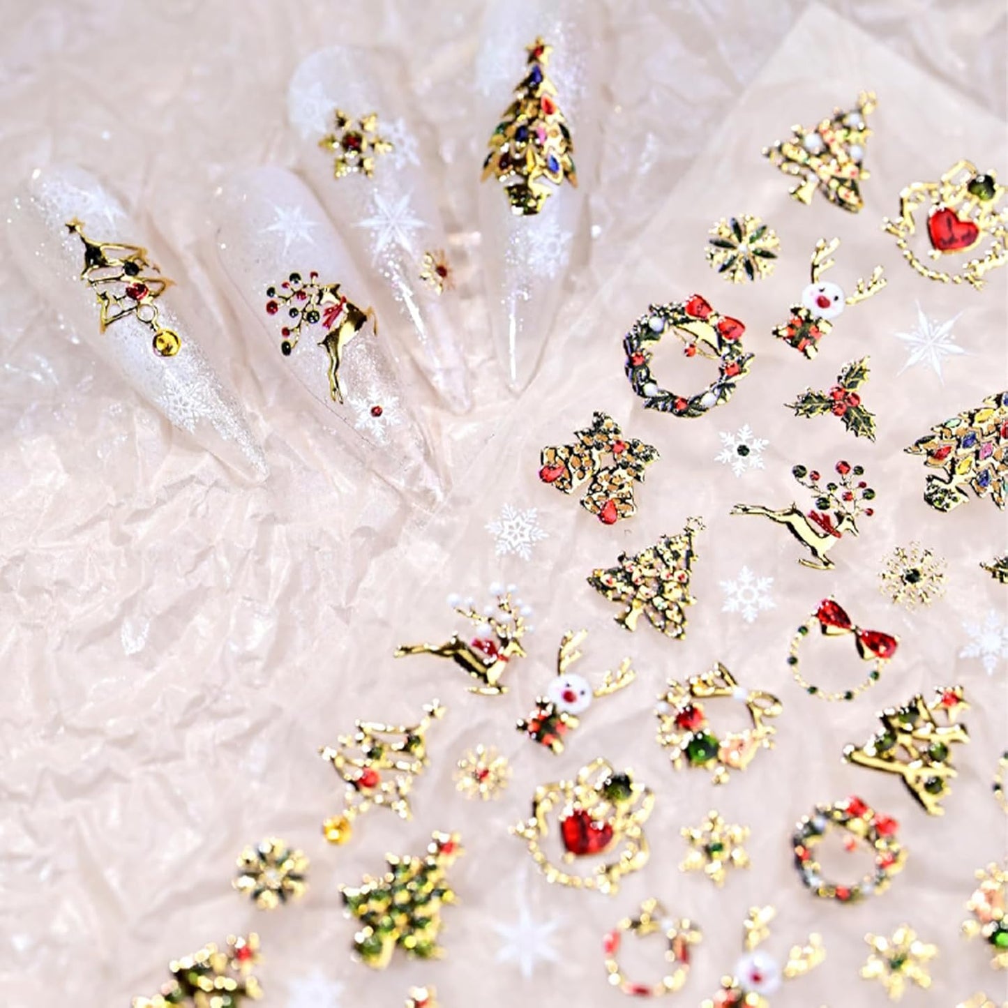 1 Sheets Shining Christmas Nail Art Stickers 5D Embossed Christmas Tree Nail Stickers Wreath Christmas Elements with Rhinestones Nail Decals Acrylic Nail Supplies for Women Girls DIY Nail Salons