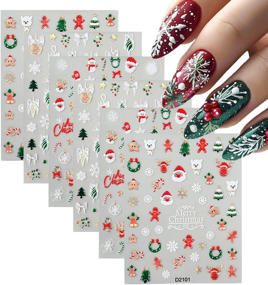 Christmas Nail Stickers for Nail Art Snowflowers Christmas Tree Reindeer Nail Art Stickers 5D Embossed Winter Nail Decals 3D Self-Adhesive Nails Supply Manicure Sliders for Nails Decoration 6 Sheets