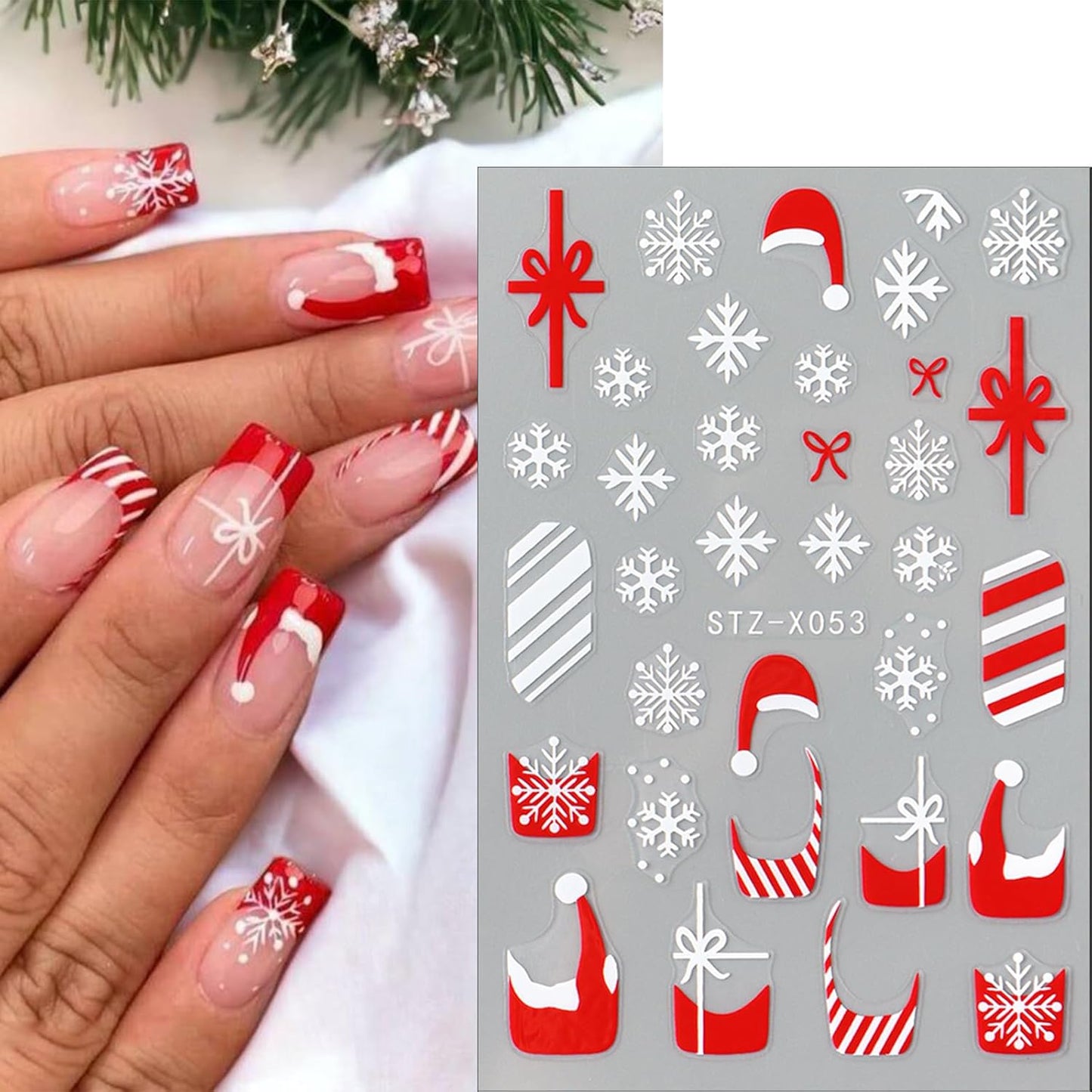 French Snowflake Christmas Bow Nail Art Stickers 3D Embossed Gingerbread Man Christmas Hat Cute Elk Acrylic Nail Decals Women Girls DIY Nail Salon 6 Sheets