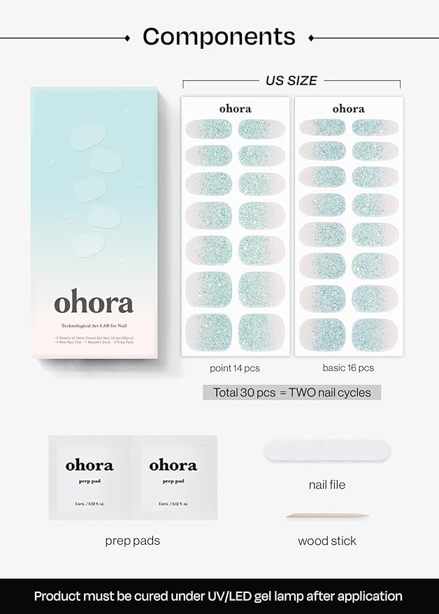 ohora Semi Cured Gel Nail Strips - N Bubble Bomb - Salon-Quality, Long Lasting, Easy to Apply & Remove - Includes 2 Prep Pads, Nail File & Wooden Stick