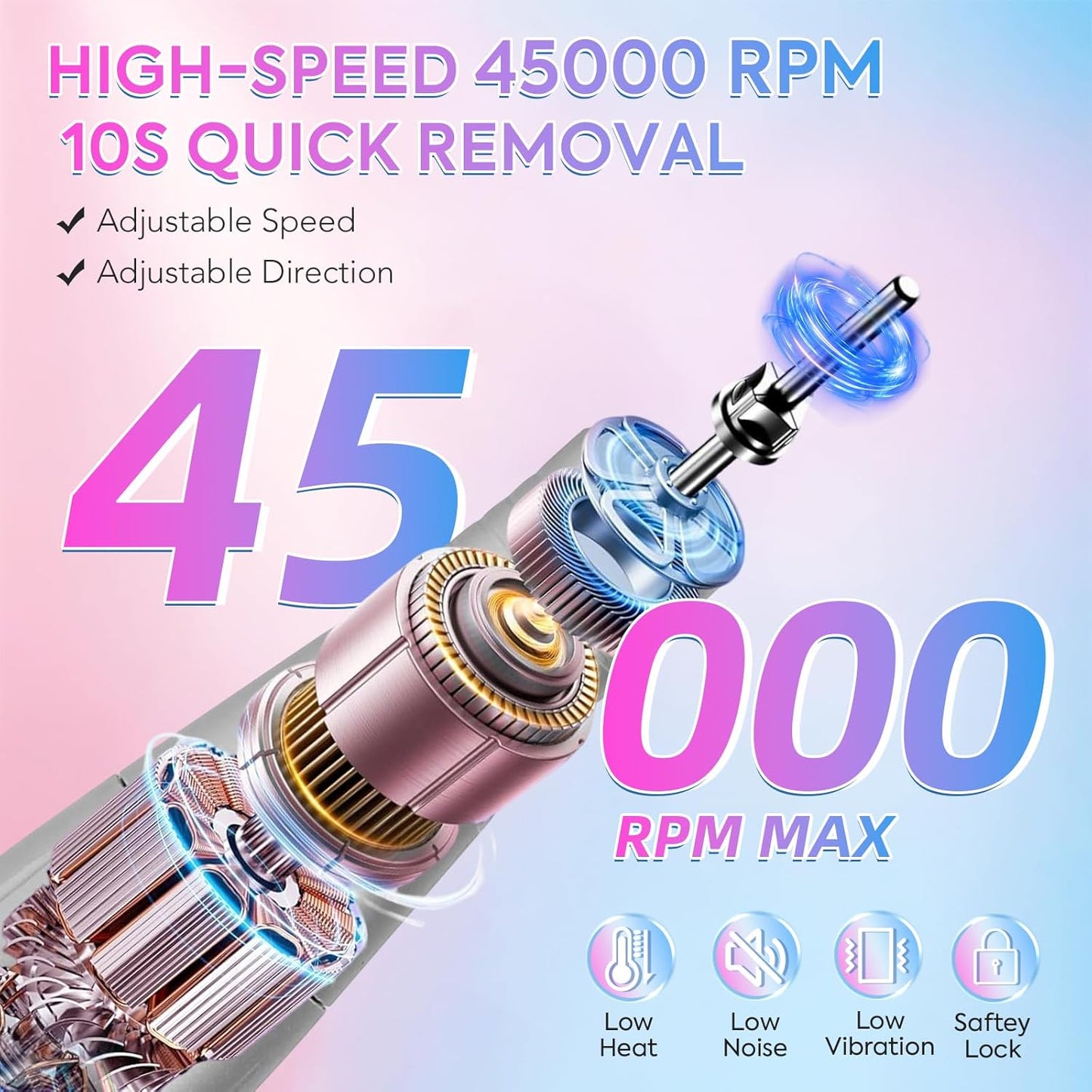 Electric Nail Drill Professional 45000RPM, Portable Cordless Nail File for Acrylic & Gel Nails, Rechargeable E-File Machine with 7 Drill Bits, 56 Sanding Bands & Base, for Salon or DIY Home (Gradient)