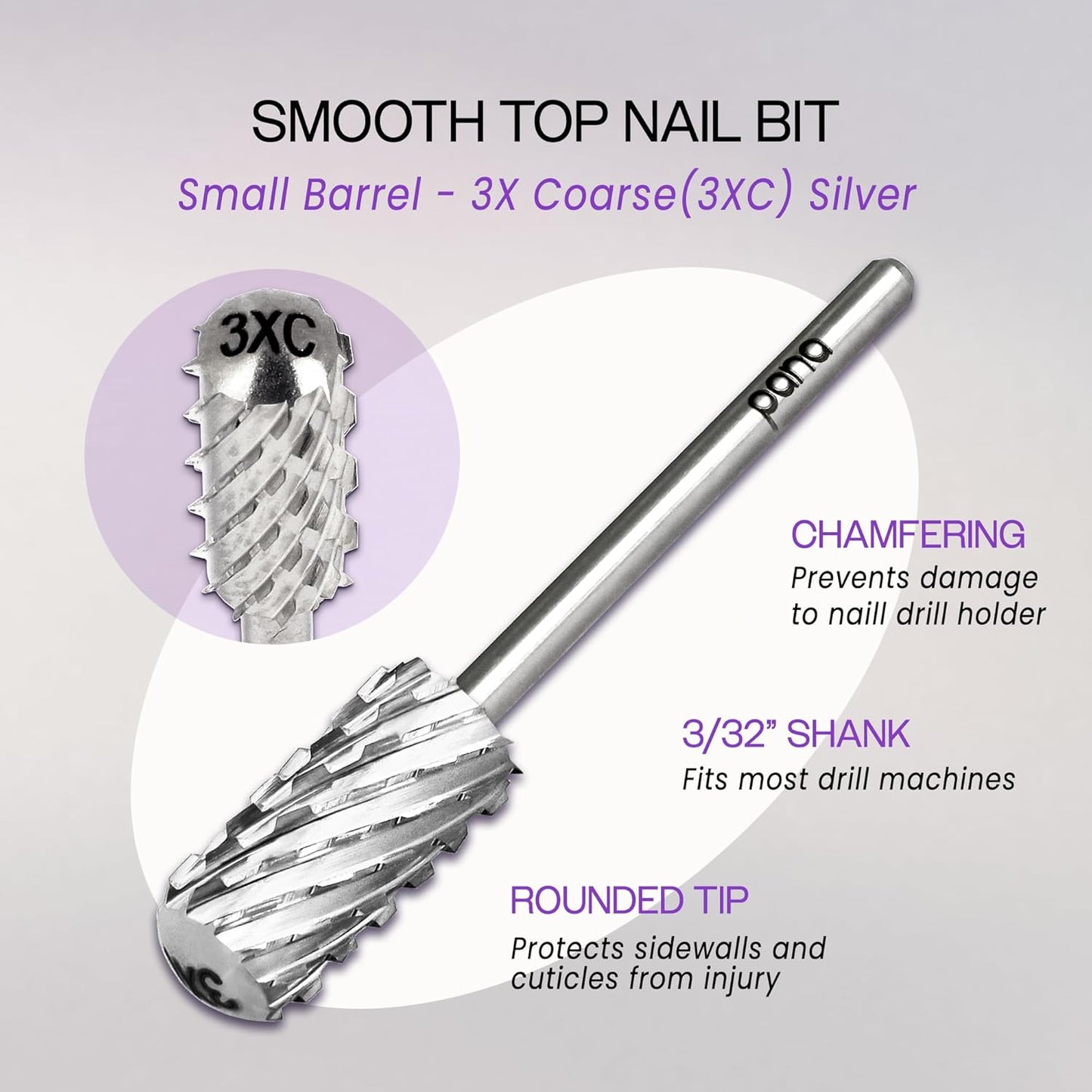 PANA 3/32" Small Smooth Round Top Safety Carbide Nail Drill Bit for Gel Polish & Acrylic Removal Nail Salon Manicure Pedicure Electric File Tools (Small Barrel - Silver, 3X Coarse)