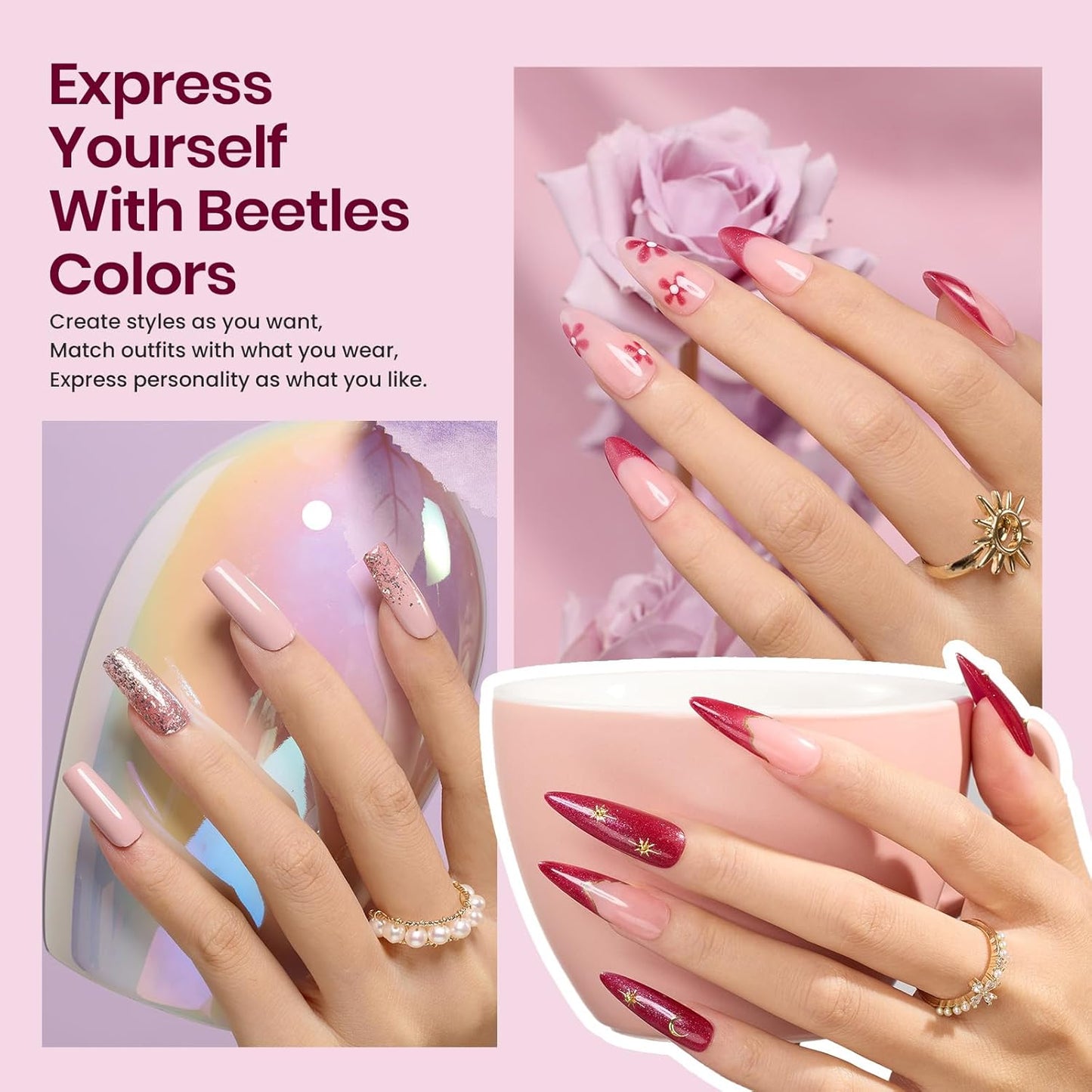 Beetles Gel Nail Polish Kit with UV Light 6 Colors Purple Nude Red Black Gel Polish 25 Pcs Starter Kit Soak off 36W LED Nail Lamp Gel Nail Polish Set Salon DIY Nail Decoration Gifts for Women