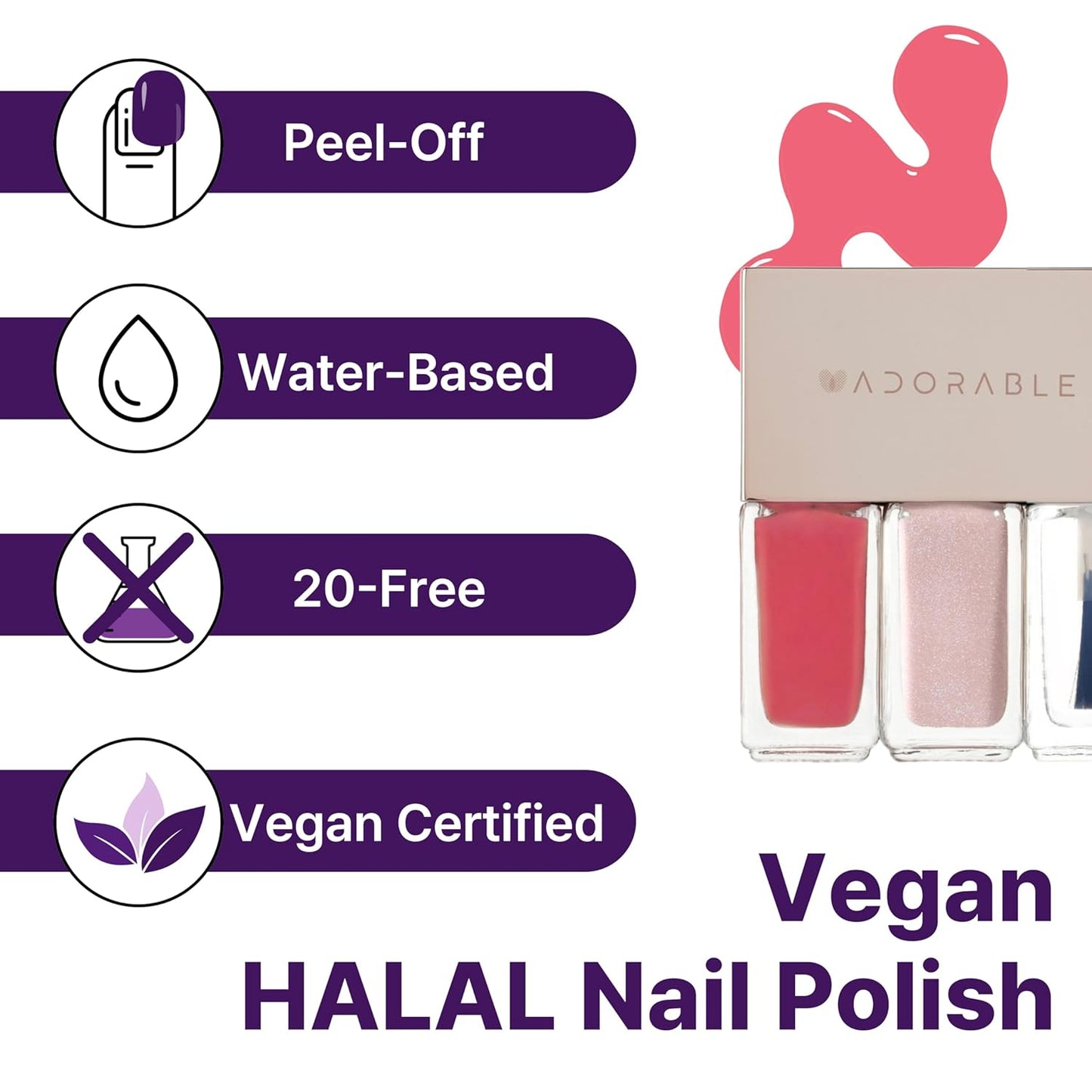 Breathable Halal Vegan Nail Polish – Water-Based 3pc Set (Peach Coral + Creamy Blush Beige + Clear Top Coat) | Non-Toxic, Eco-Friendly, 0.51 fl oz