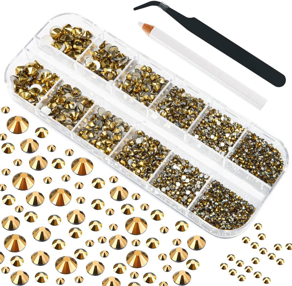 4010pcs Mine Gold Nail Art Rhinestones Kit Makeup Glue Fix Flatback Rhinestones Metallic Golden Nail Charms 6 Sizes (1.6-6.1mm) Up to SS30 Round Nail Gems Stones w Picking Pen for Nail Eye Face Makeup