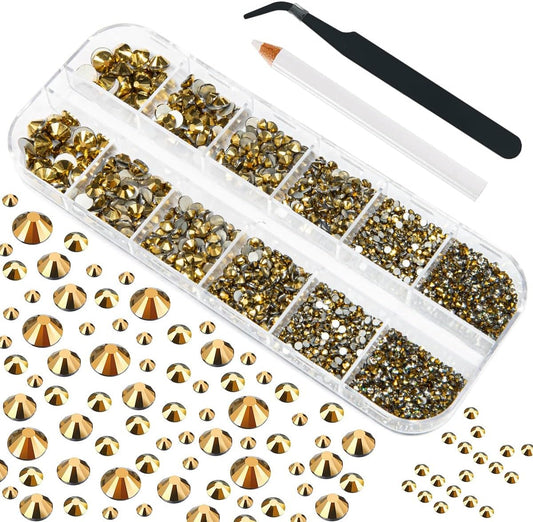 4010pcs Mine Gold Nail Art Rhinestones Kit Makeup Glue Fix Flatback Rhinestones Metallic Golden Nail Charms 6 Sizes (1.6-6.1mm) Up to SS30 Round Nail Gems Stones w Picking Pen for Nail Eye Face Makeup