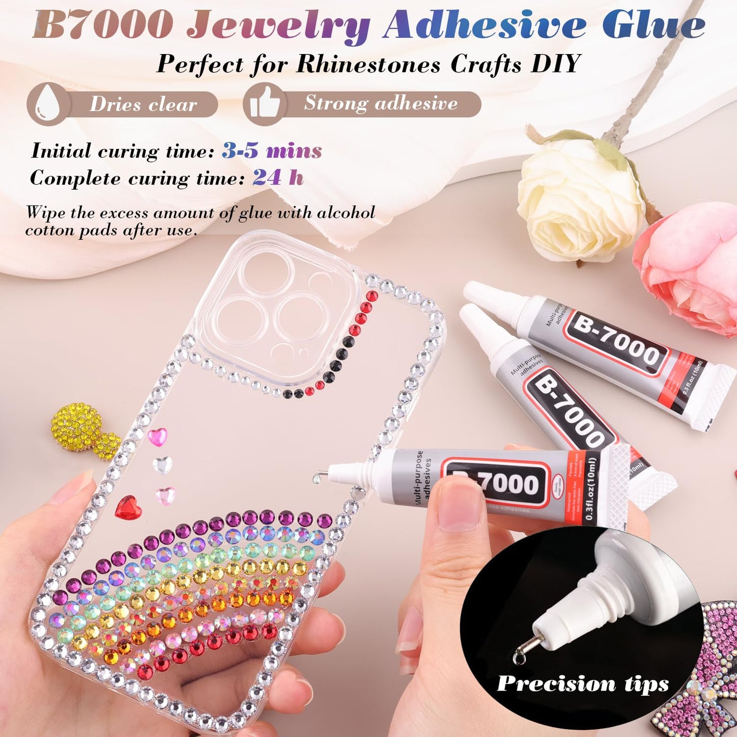 8500 PCS Flatback Rhinestones for Bedazzling with 3PCS B7000 Jewelry Glue (Pack 1), 2 Boxes of Rainbow Resin Gems for Crafting Fabric Clothing Tumblers Shoes Nail Art Makeup