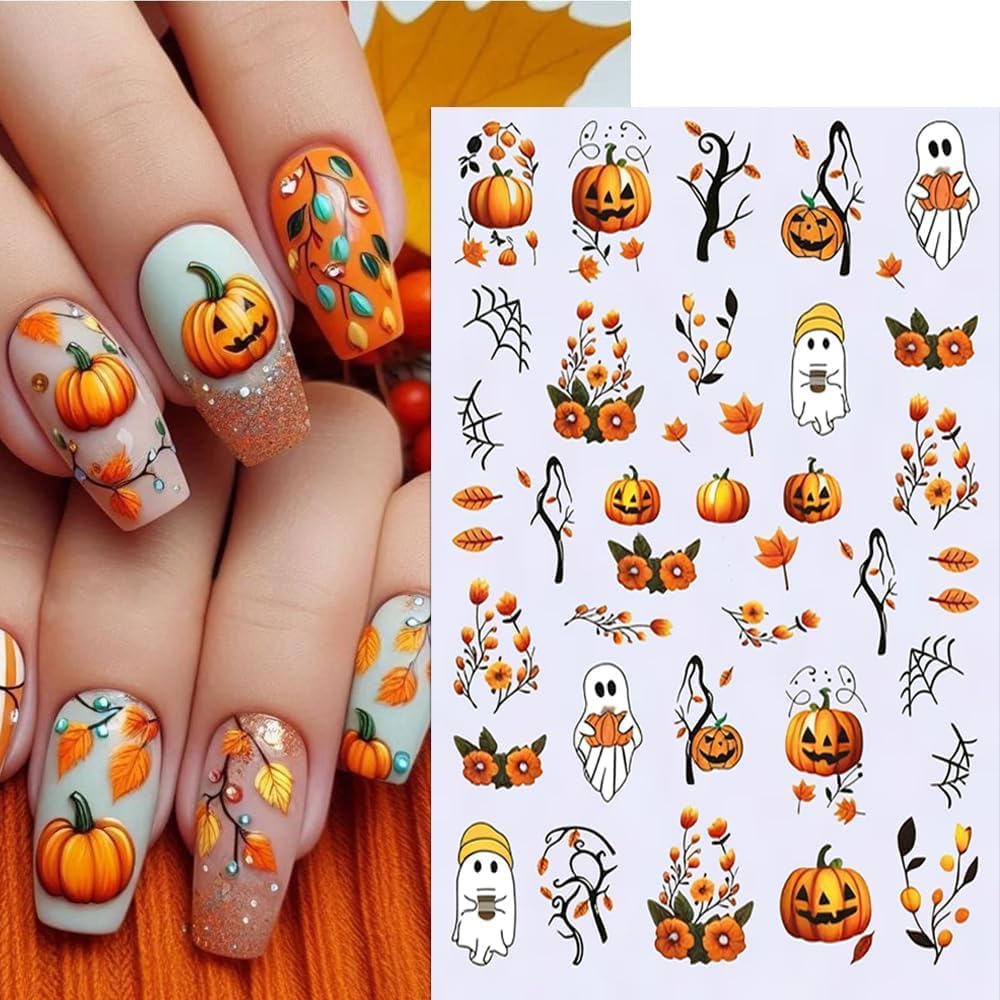 Halloween Nail Stickers Ghost Spider Web Nail Art Stickers Bat Cat Skull Flower Nail Decals Self-Adhesive Spooky Gothic Design Sticker Holiday Nail Art Decoration for Women Manicure Accessories 5Pcs