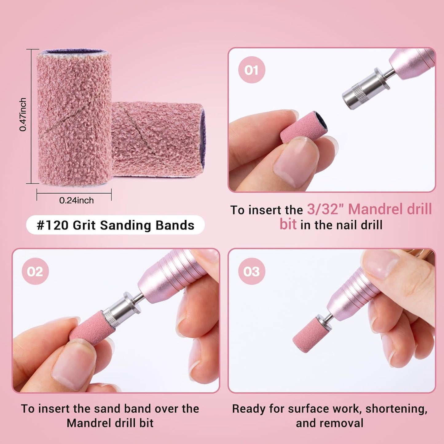 MelodySusie 100 Pcs Nail Drill Bits Sanding Bands for Nail Drill 120 Medium Grit Nail File Sanding Bands for Acrylic Nails Gel Manicures and Pedicure, Pink