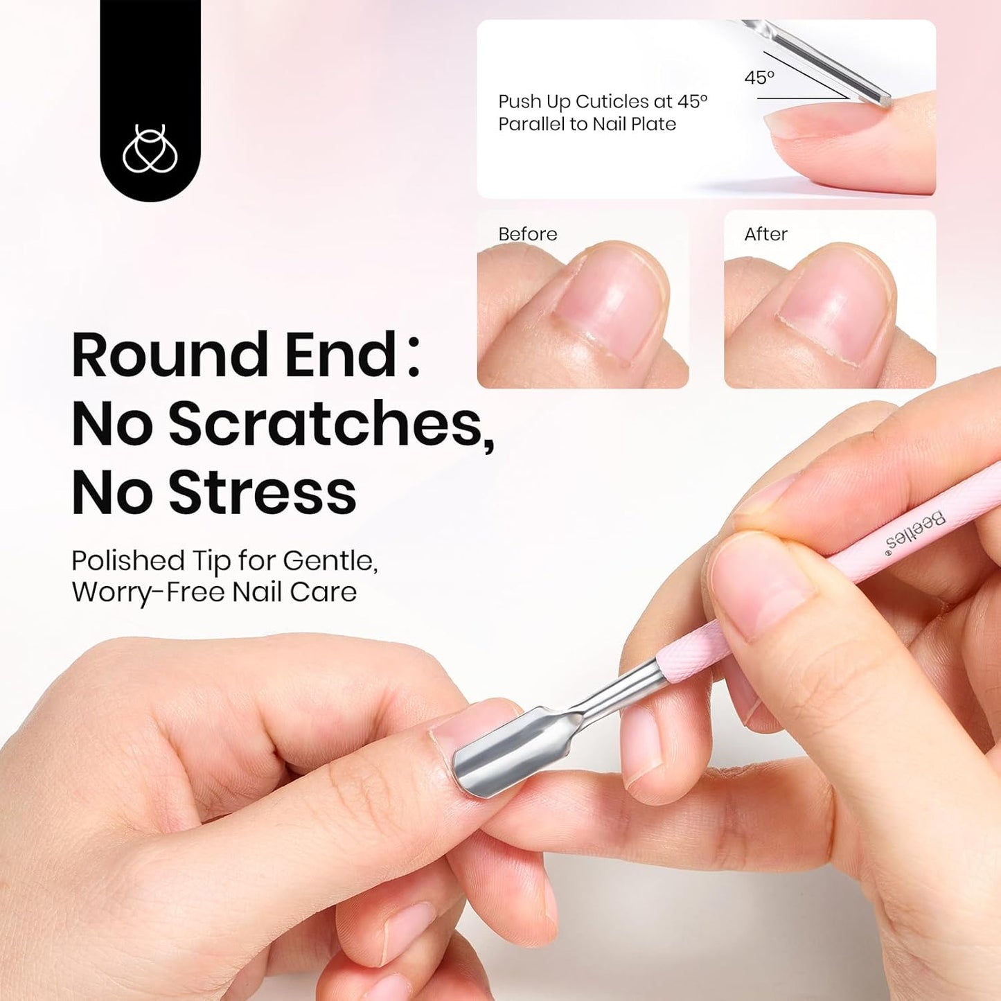 Beetles Cuticle Pusher Dual Ended Cuticle Remover with Round End Push Back Cuticles Fork End Remove Lifted Cuticles Nail Prep Tool Stainless Steel Pink Two in One Dead Skin Nail Scraper
