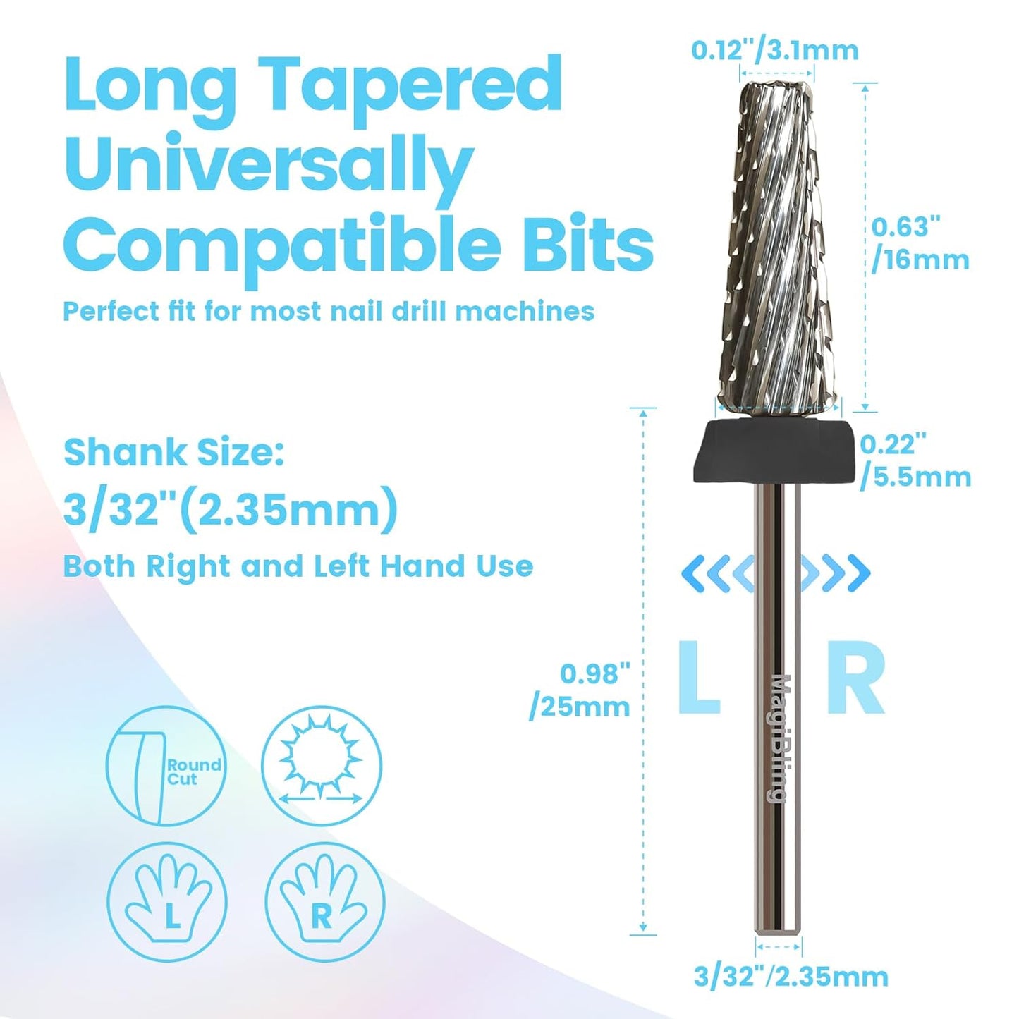 16mm 5 in 1 Tapered Barrel Nail Drill Bits, 3/32'' Safety Tungsten Carbide Bits, Right & Left Rotation, Manicure Cuticle Gel Acrylic Removal Polishing, Technicians Bits, Extra Coarse.