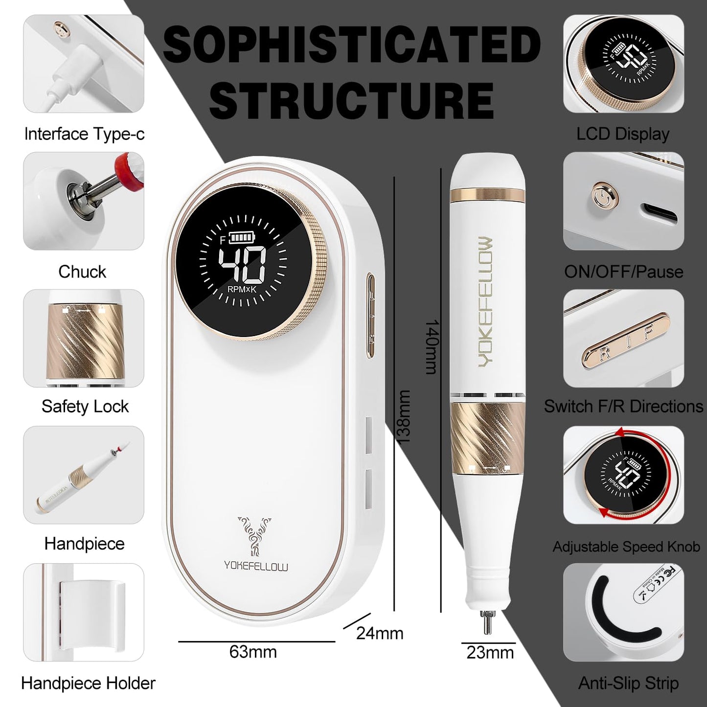 YOKE FELLOW Nail Drill Machine - 4000RPM Nail Drills for Acrylic Nails Professional with 12 Drill Bits for Electric Nail File Manicure Pedicure Home Use (White)