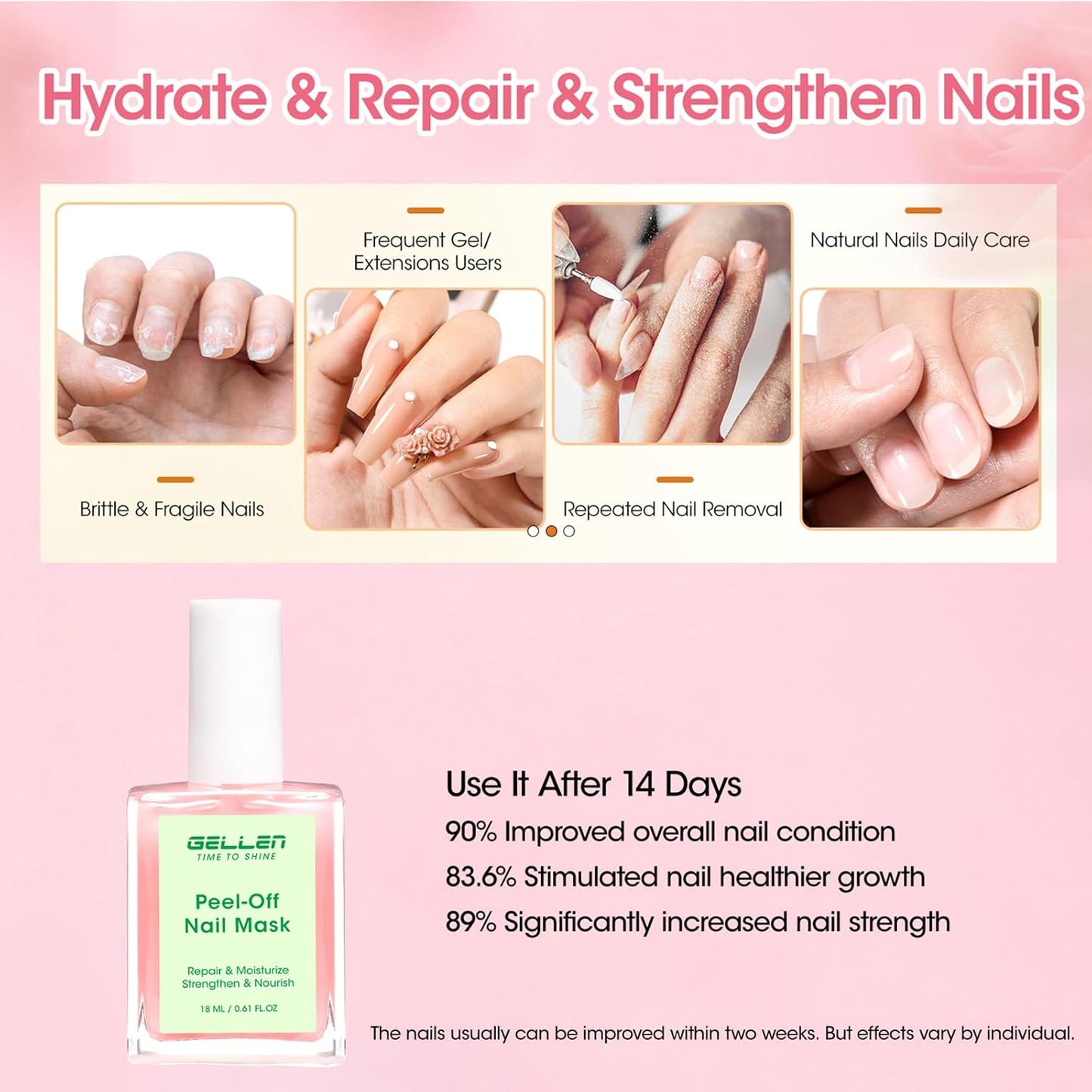 Gellen Peelable Nail Strengthener Mask, Air Dry Peel-Off Nail Mask for Nail Strengthener and Growth, Nail Repair Masque for Damaged Weak Thin Nails, Natural Nail Treatment, Rose Scent