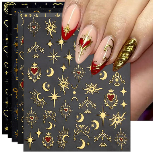 Gold Heart Nail Art Stickers - Valentines Day Star Self-Adhesive 3D Nail Decals for DIY Golden Manicure (6 Sheets)