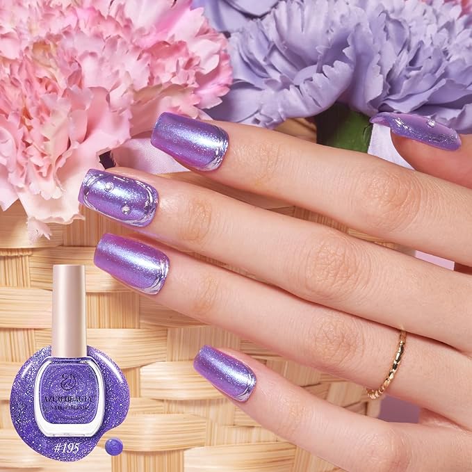 AZUREBEAUTY Nail Polish 2PC Colors Pink Purple holographic Glitter Shimmer ChromeLong Lasting Quick Dry, Natural Lustrous Enamel for DIY Manicure Salon at Home Women Gifts 0.34oz