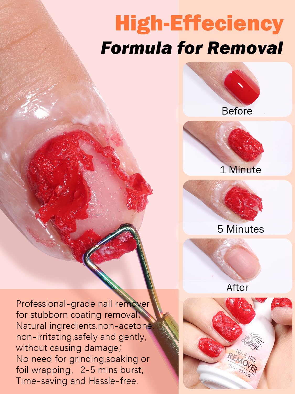 Gel Nail Polish Remover, 2 Pack × 15ml acetone-free Formula Remove Gel Polish for Nails, Quick & Easy Remove in 3-5 Minutes, NO Need Soaking or Foil Wrapping for Nails