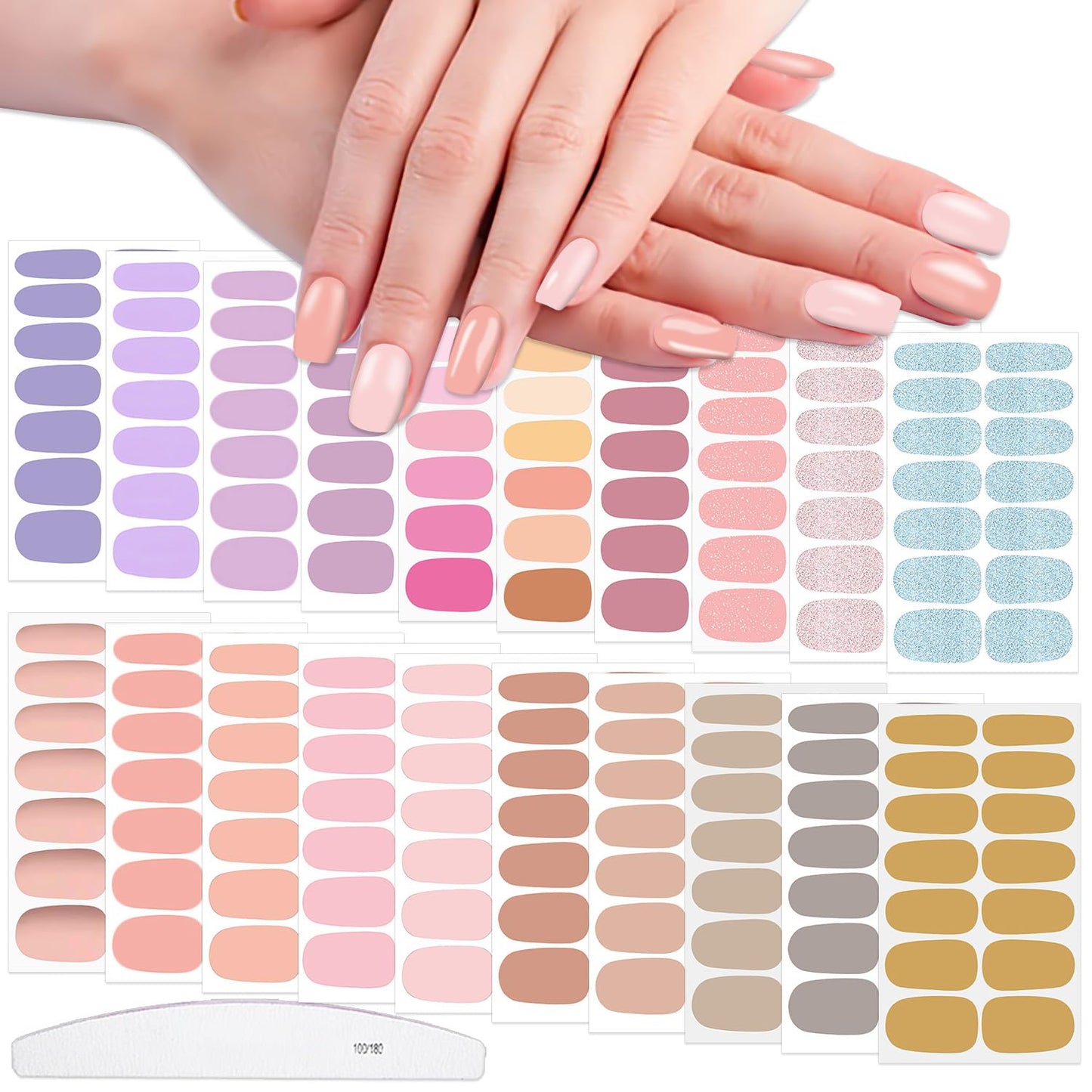 WOKOTO 20 Sheets Self-Adhesive Nail Polish Stickers Tips with 1pcs Nail File Full Nail Wraps Nail Art Decals Cute Light Color Series Gel Nail Strips Manicure Kit for Girls Women Stick On Nails