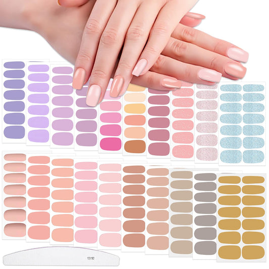 WOKOTO 20 Sheets Self-Adhesive Nail Polish Stickers Tips with 1pcs Nail File Full Nail Wraps Nail Art Decals Cute Light Color Series Gel Nail Strips Manicure Kit for Girls Women Stick On Nails