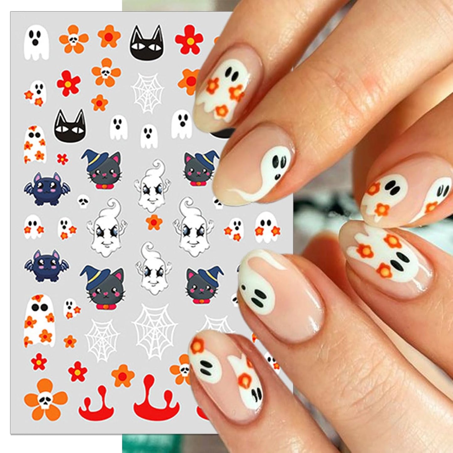 Halloween Nail Art Stickers, Pink Pumpkin Nail Decals, 3D Self-Adhesive Spider-Web Bat Design for DIY Nail Supplies Decoration (4 Sheets)